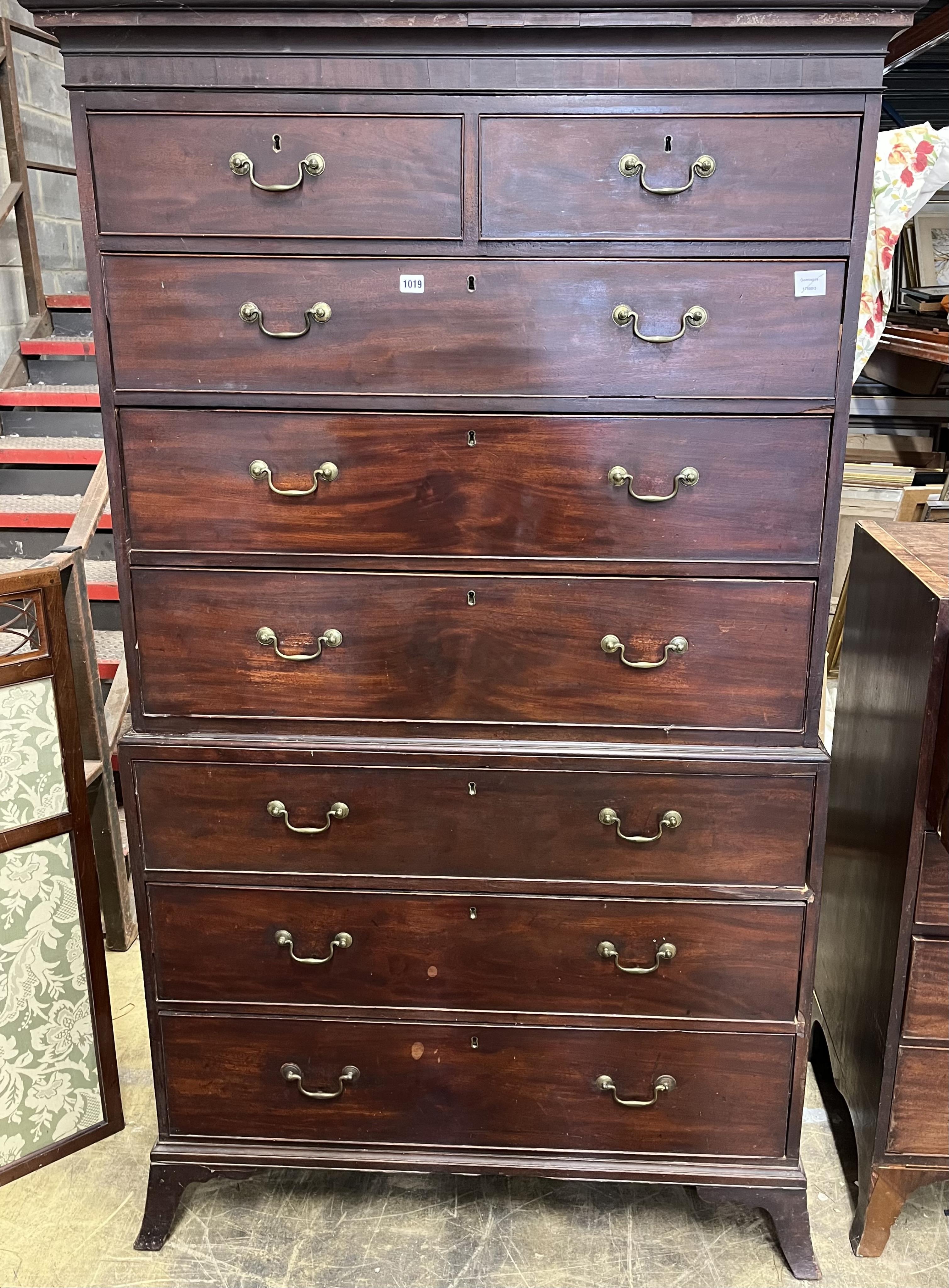 A George III mahogany chest on chest, width 112cm, depth 59cm, height 193cm